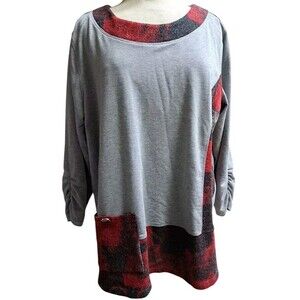 Ali Miles Shirt Womens XL Knit Tunic Top Gray Tartan Plaid Ruched Sleeves Artsy